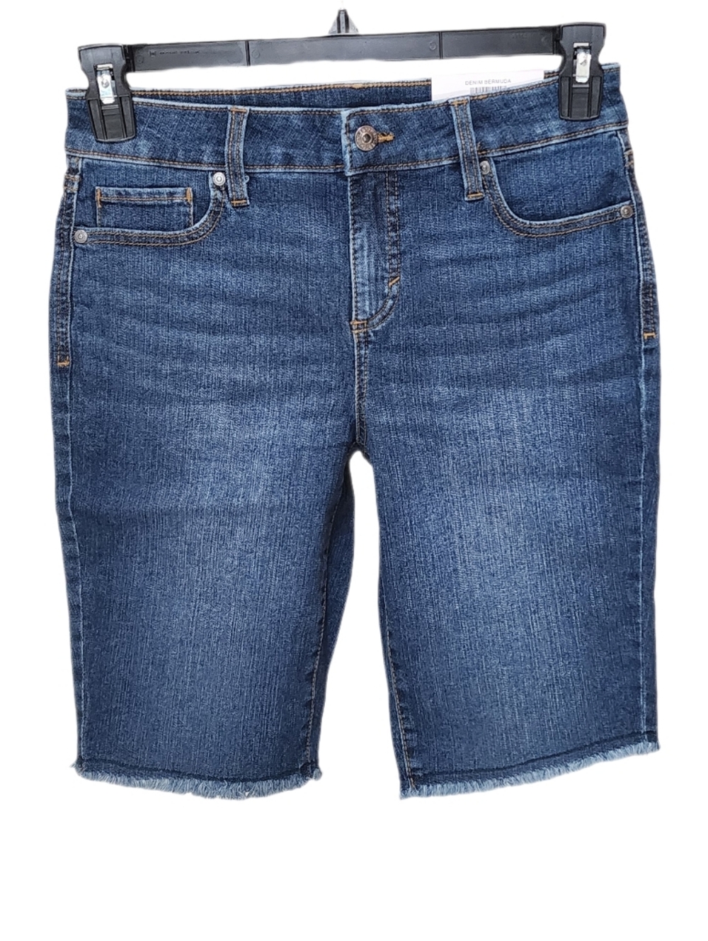 Style & Co Petite Women's Mid-rise Bermuda 11" Denim Shorts Fray Hem Blue 6P
